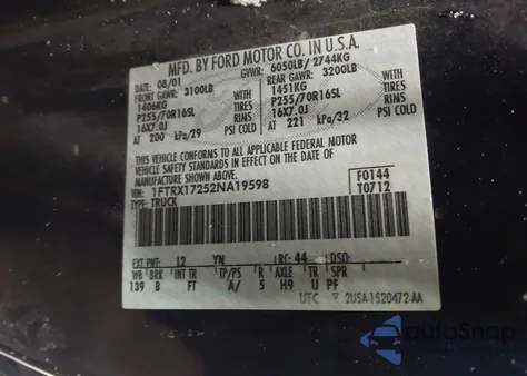 2002 Ford F-150 Xl/Xlt z USA, uszkodzony, nr VIN 1FTRX17252NA19598